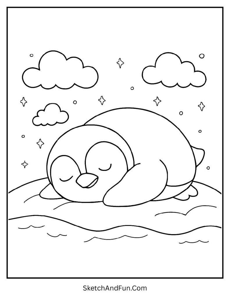 Penguin curled up sleeping in baby and mama penguin coloring pages printable