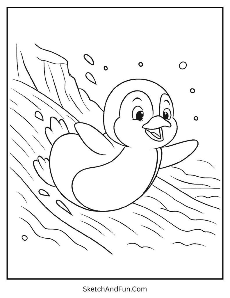 Penguin sliding belly-first in simple penguin coloring pages for toddlers