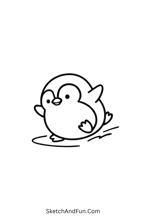 Penguin sliding on ice for winter scene drawing easy