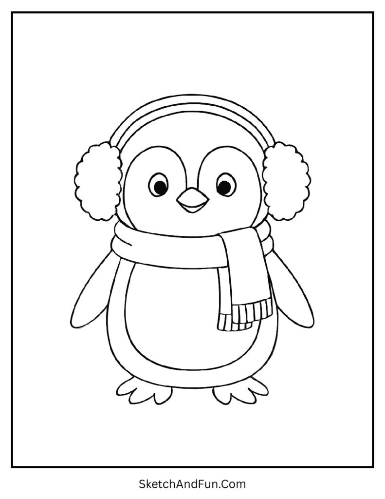 Penguin with ear muffs in penguin colouring pages (UK spelling) printable