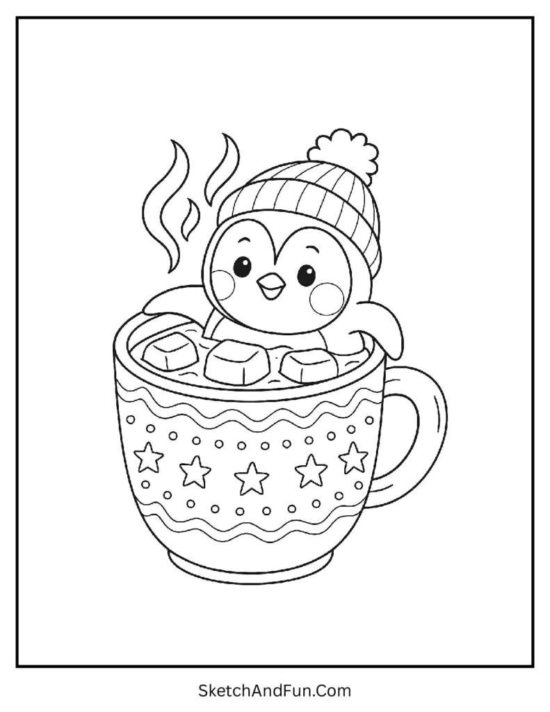 Penguin peeking from cocoa mug in penguin coloring pages printable pdf uk/us size