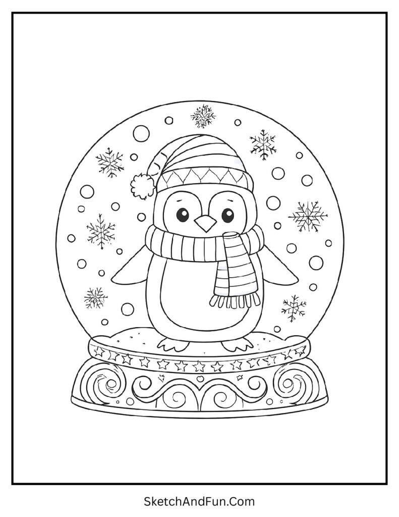 Penguin in glittery snow globe in printable penguin coloring pages for preschoolers