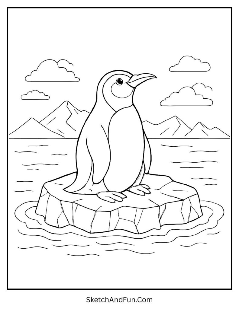 Penguin sitting on iceberg in penguin coloring pages pdf printable pack