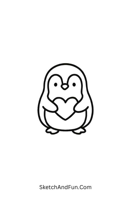 Penguin hugging heart for valentine’s day pencil sketch easy