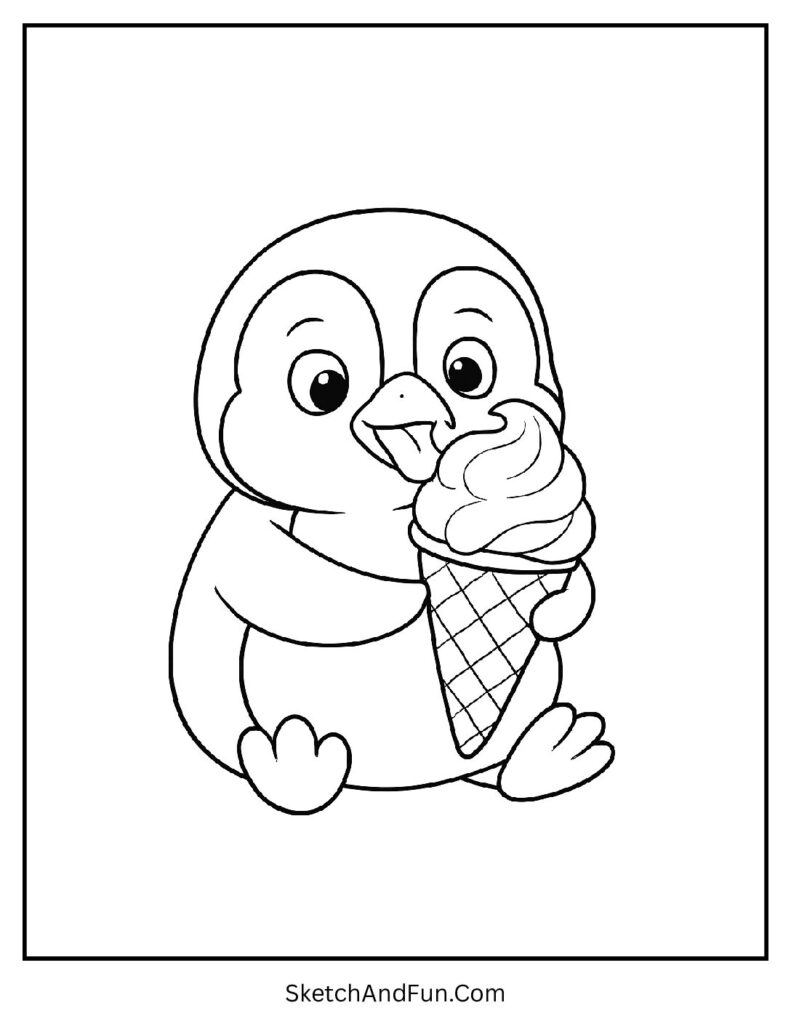 Penguin holding ice cream in penguin coloring pages free printable