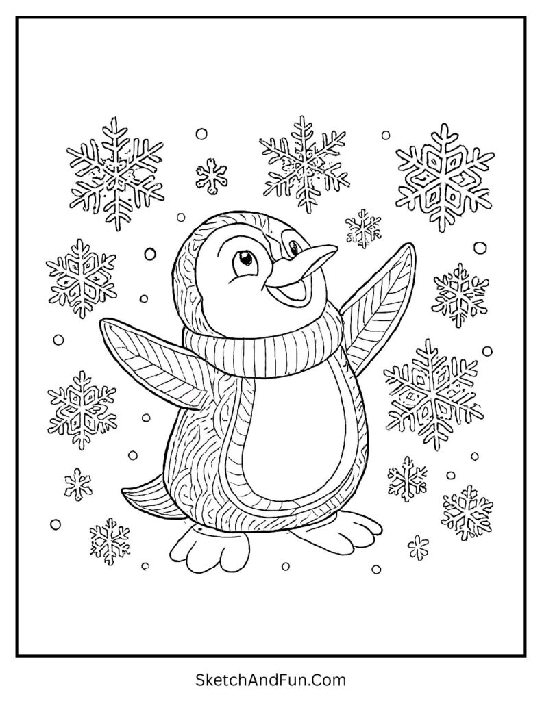 Penguin catching snowflakes in penguin coloring pages winter theme