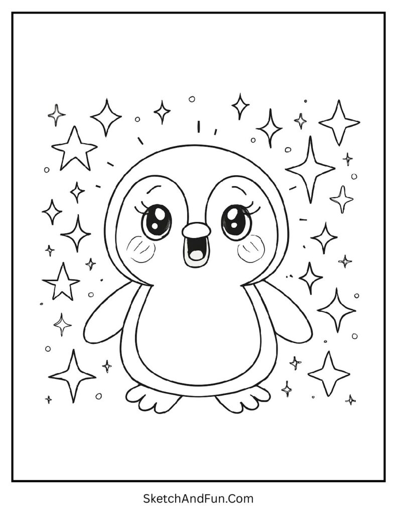 Penguin surrounded by stars in themed penguin coloring pages printable