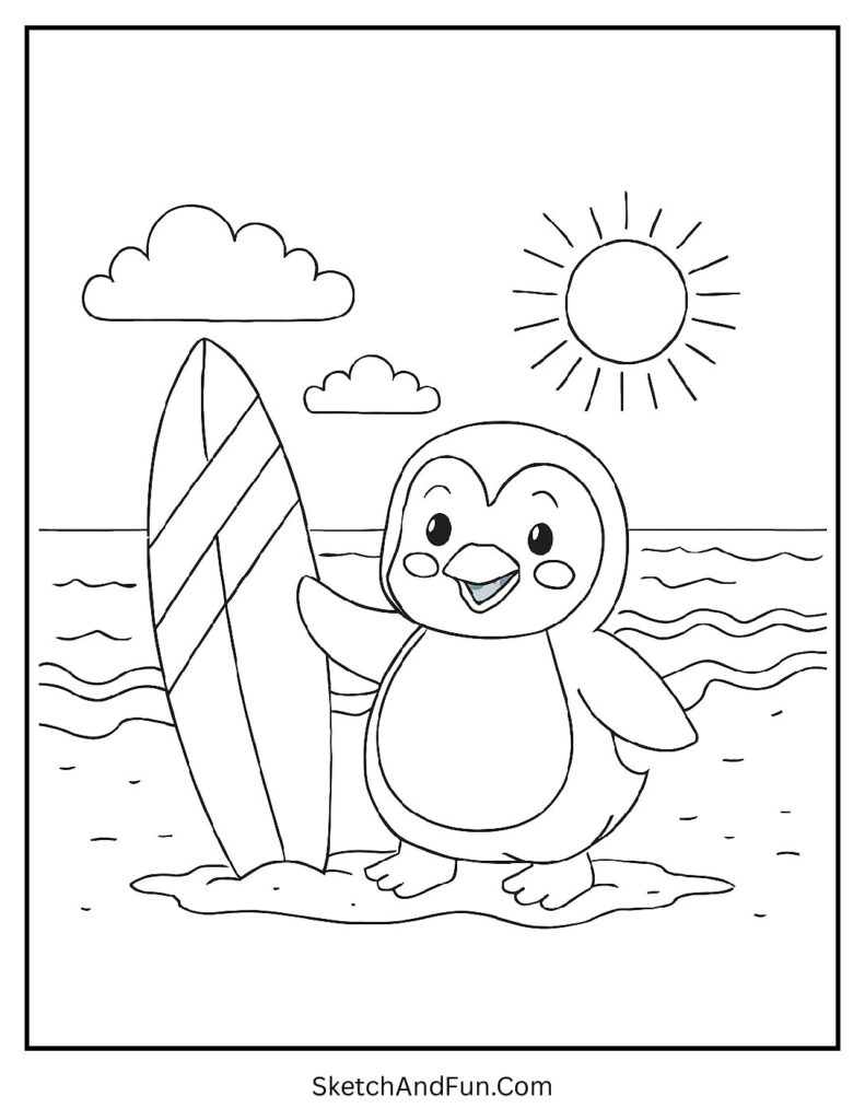 Penguin ready to surf in easy penguin coloring sheet