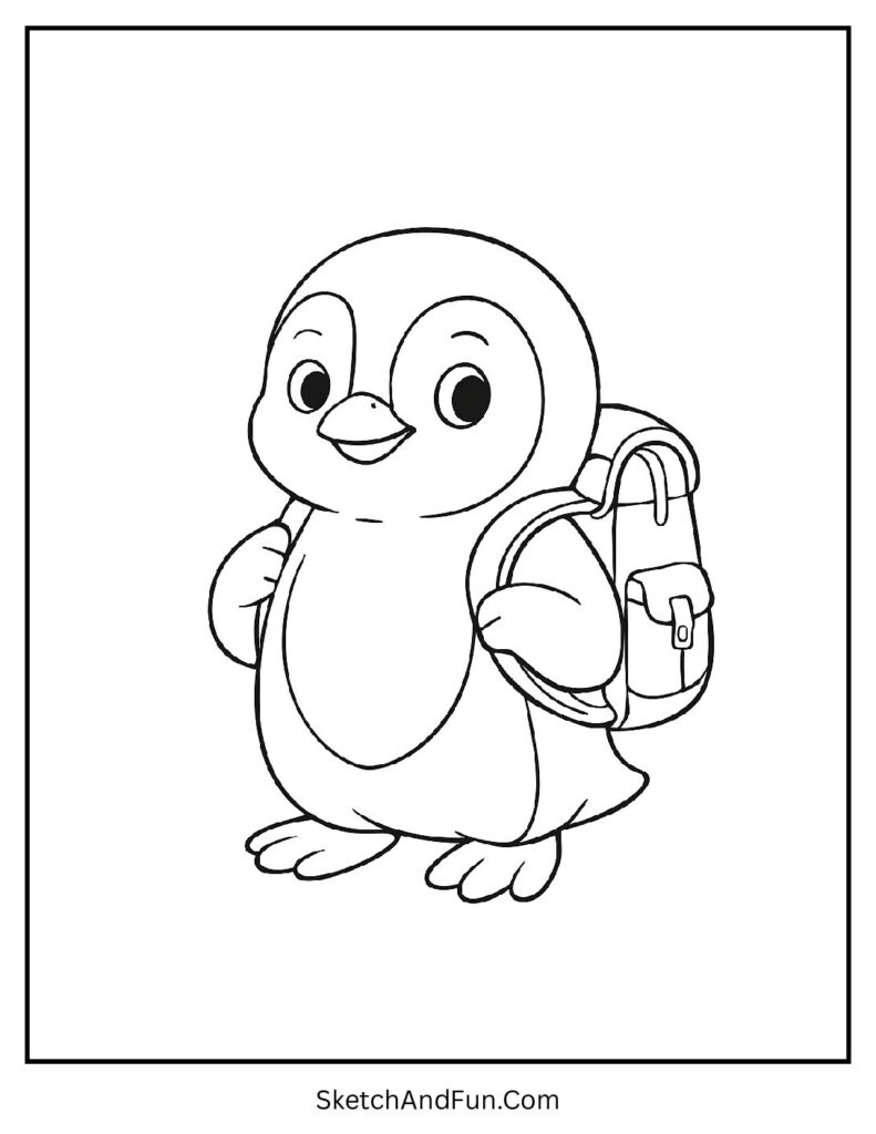 Penguin with backpack in penguin coloring pages for preschool and kindergarten