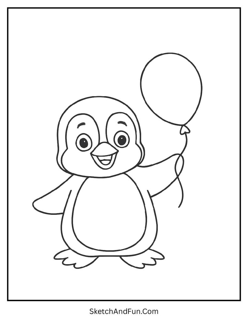Joyful penguin holding balloon in cartoon penguin coloring pages free