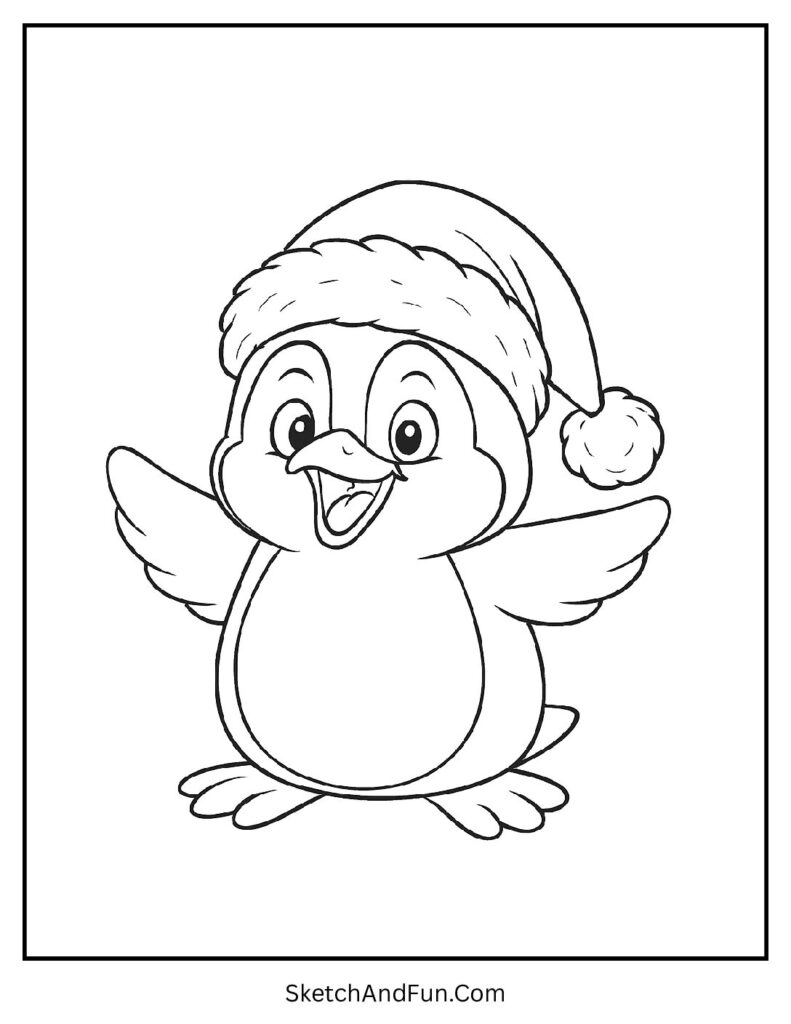 Festive penguin with Santa hat in penguin coloring pages christmas