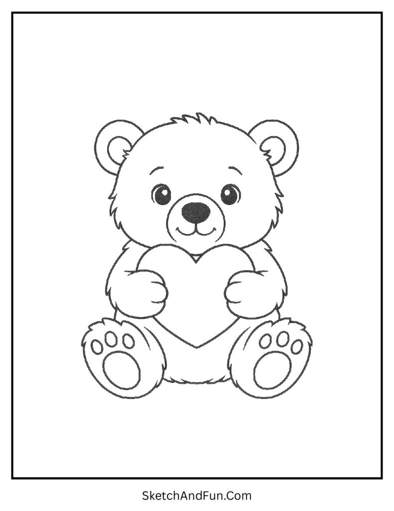 Cub holding heart-shaped snowball in polar bear coloring page pdf free