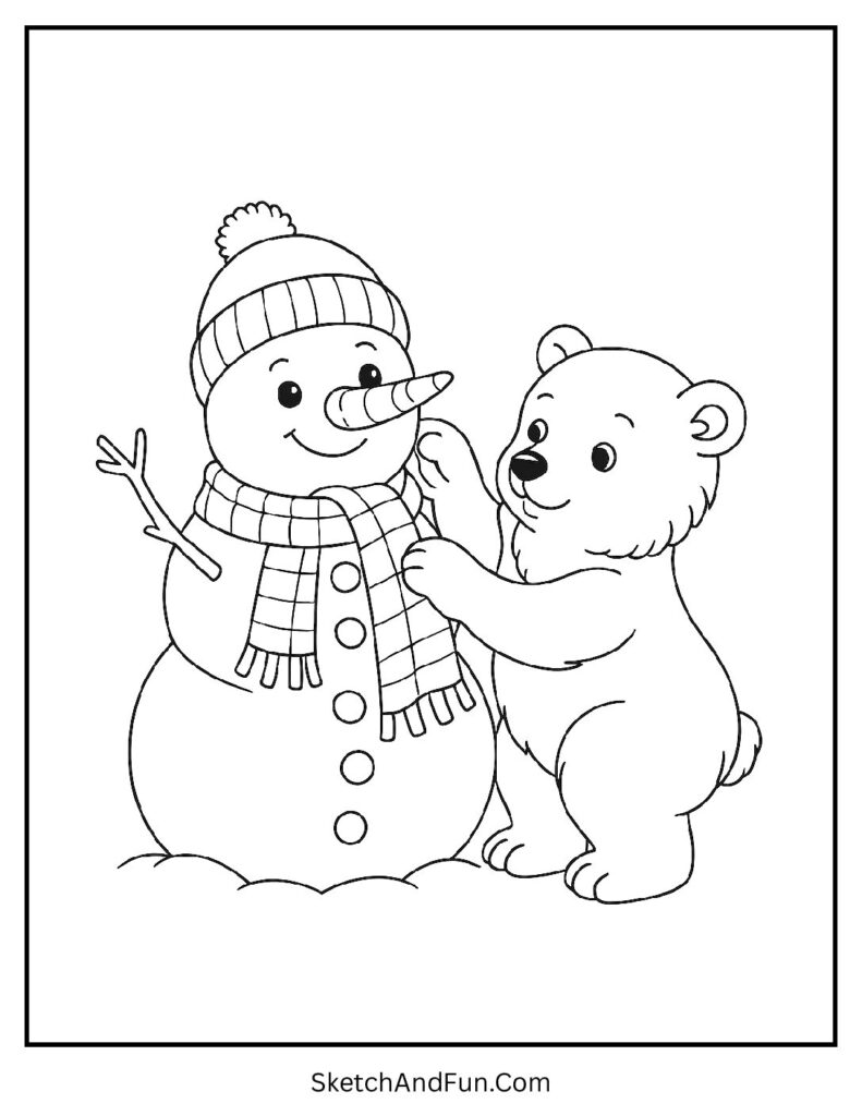 Cub decorating snowman in polar bear cub coloring sheet for kids
