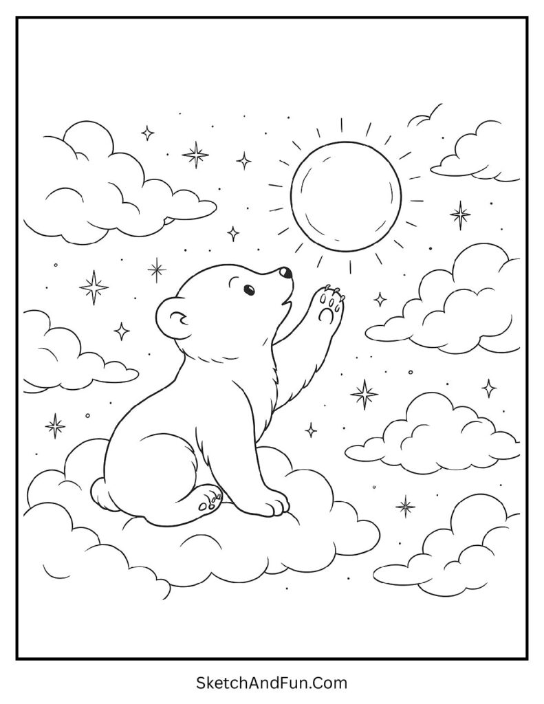 Cub reaching for glowing moon in detailed polar bear coloring page