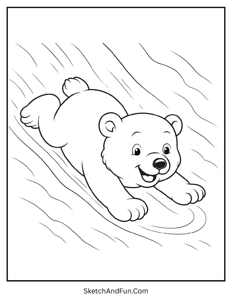 Happy cub sliding on snow in polar bear coloring pages easy for beginners