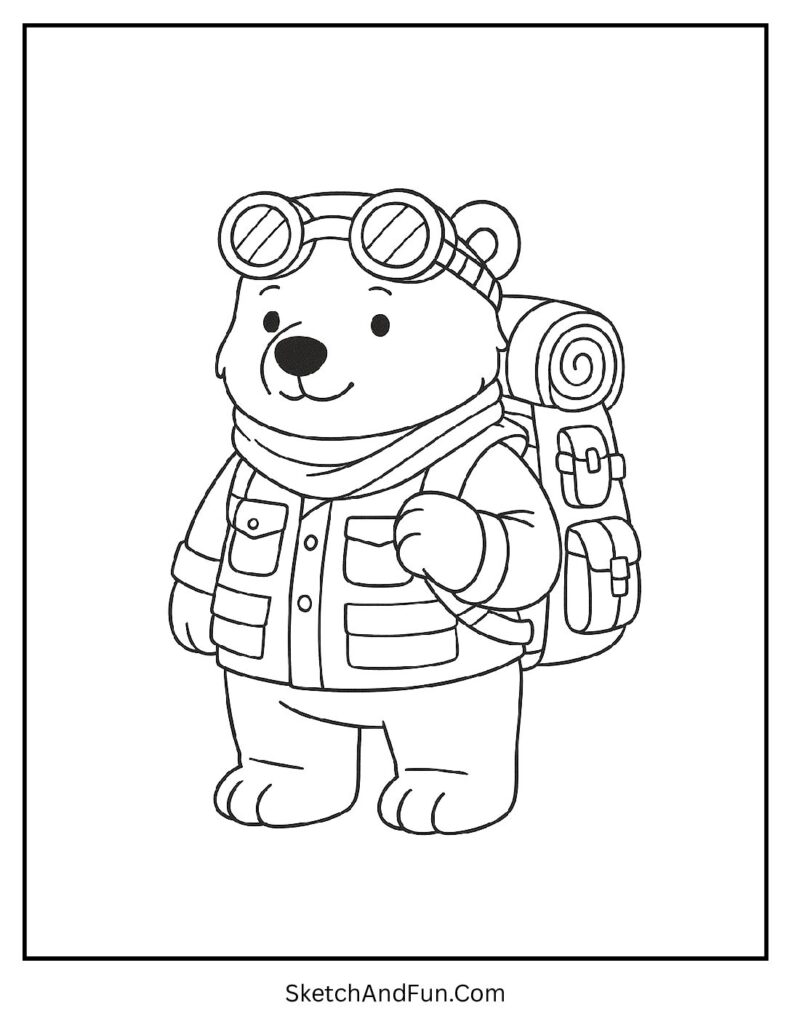 Explorer bear with backpack in fun polar bear coloring pages for kids and adults