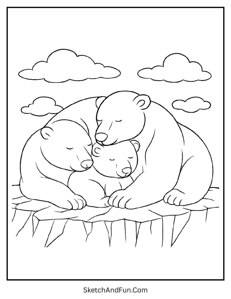 Polar bear family cuddling on ice in a warm polar bear family coloring page
