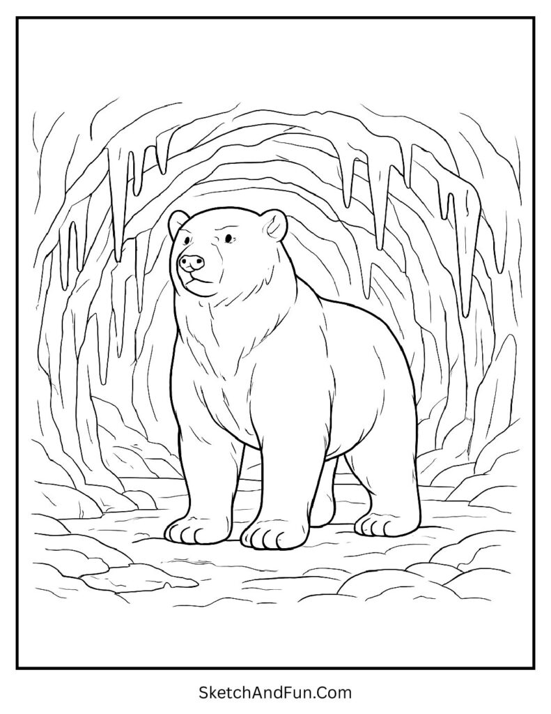 Bear guarding icy cave in polar bear outline coloring page