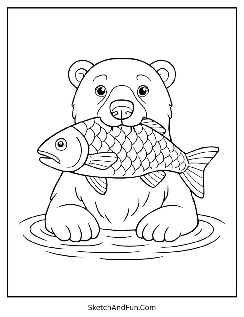 Bear holding a big fish in gentle ripples in polar bear coloring pages for kids