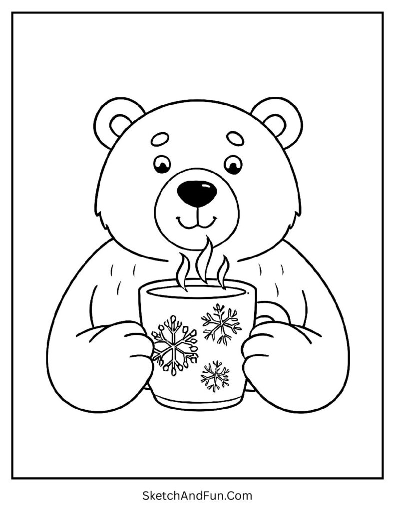 Bear holding steaming cocoa in polar bear coloring pages printable free