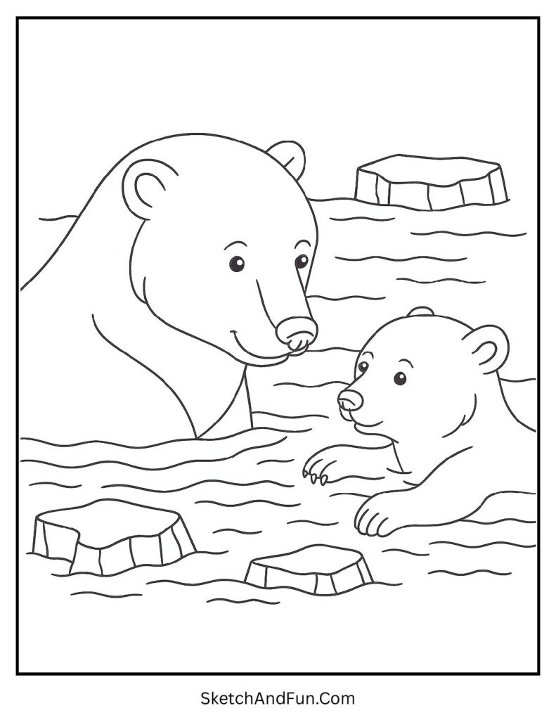 Mom teaching cub to swim in calm polar bear coloring pages for adults