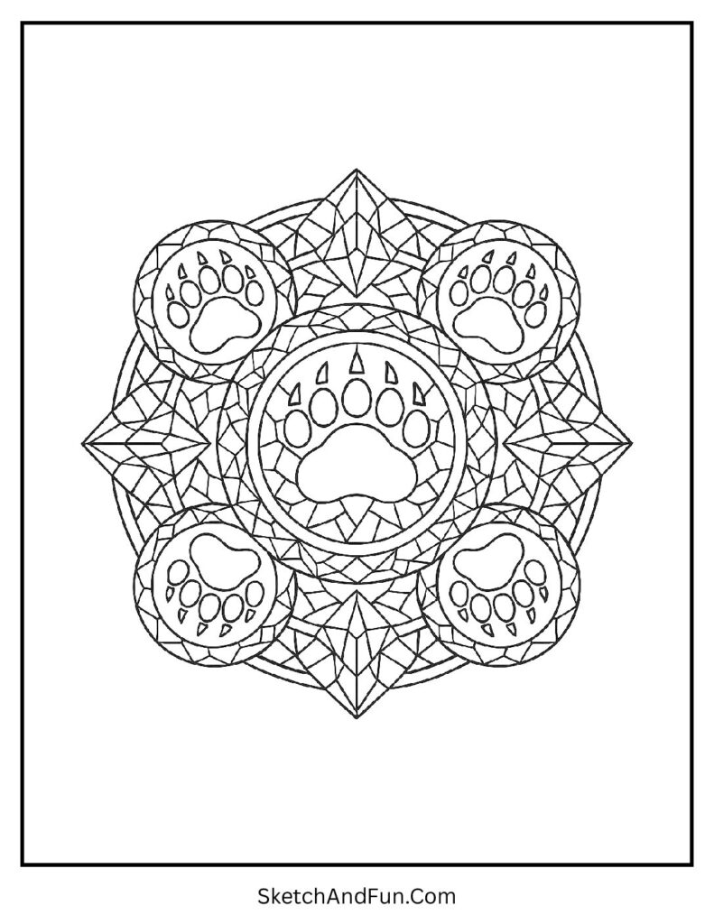 Mandala made of paw prints in polar bear coloring pages black and white
