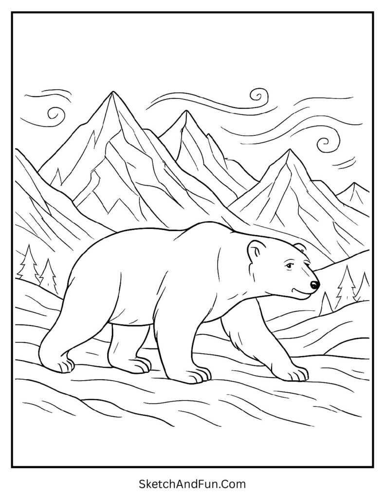 Roaming polar bear in snowy mountains in polar bear coloring book pages printable