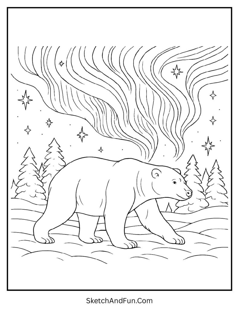 Polar bear walking beneath northern lights in polar bear coloring page PNG printable