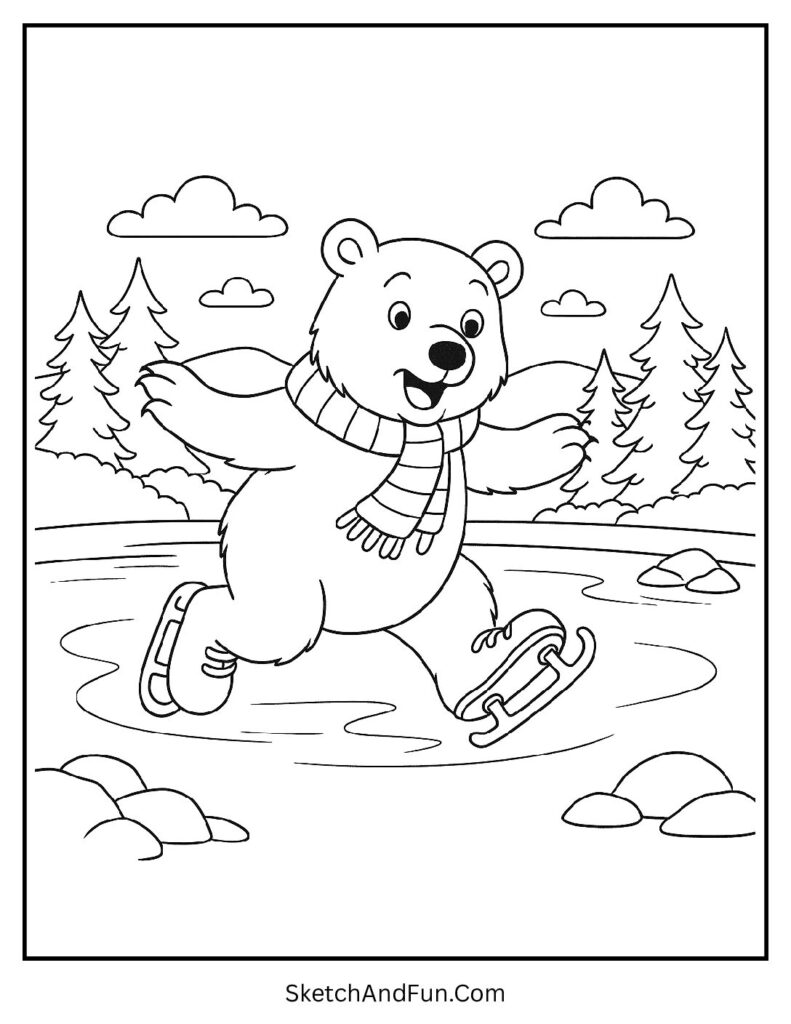 Polar bear wearing ice skates in cartoon polar bear coloring pages