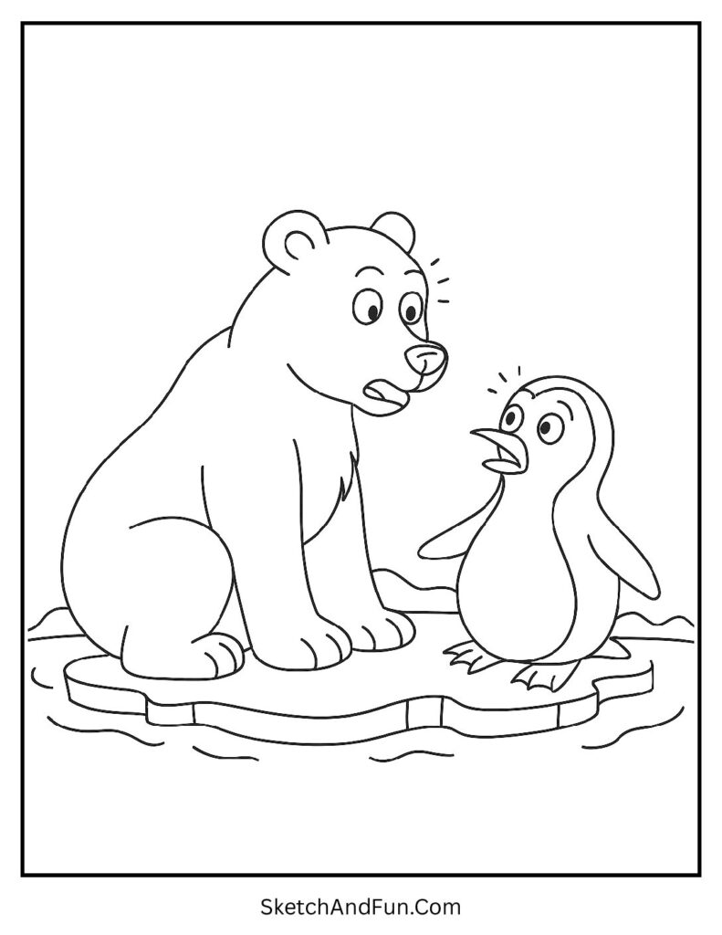 Polar bear meeting penguin in polar bear and penguin coloring page