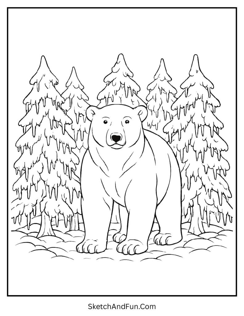 Polar bear in frozen forest in printable polar bear coloring pages A4 / letter size