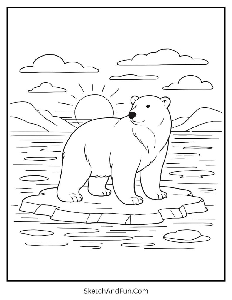 Polar Bear on a Floating Ice Sheet in Sunset Glow Coloring Page 1 pdf