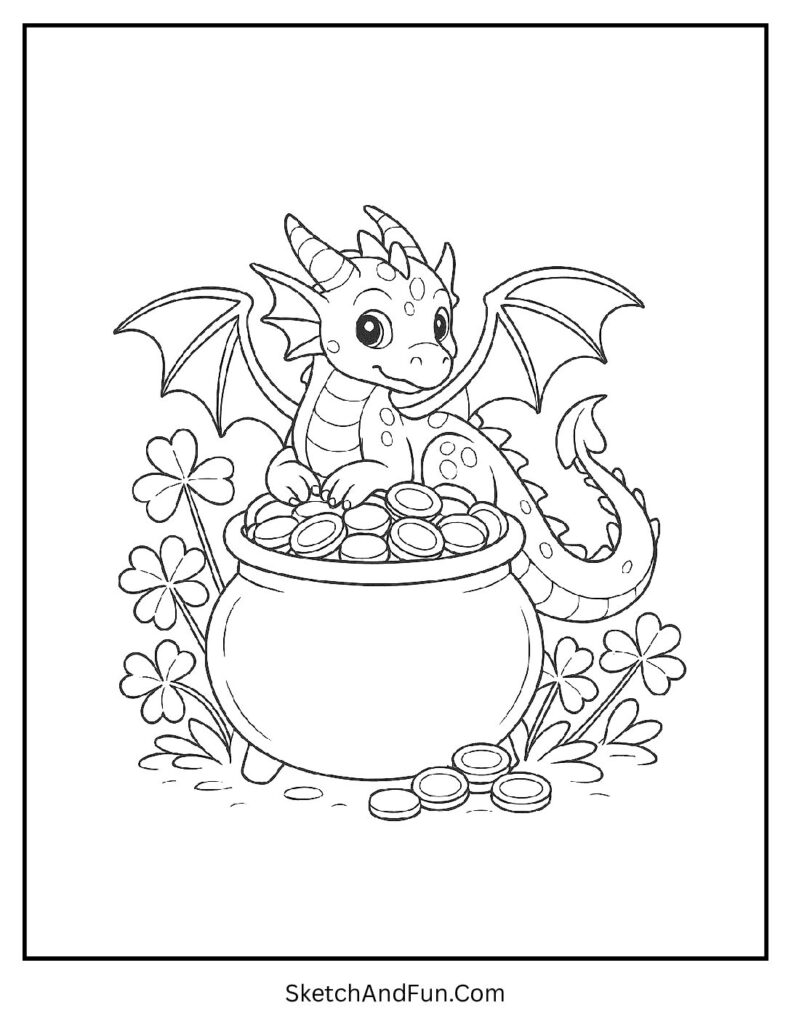 Pot of gold guarded by dragon for St Patrick’s Day coloring pages creative