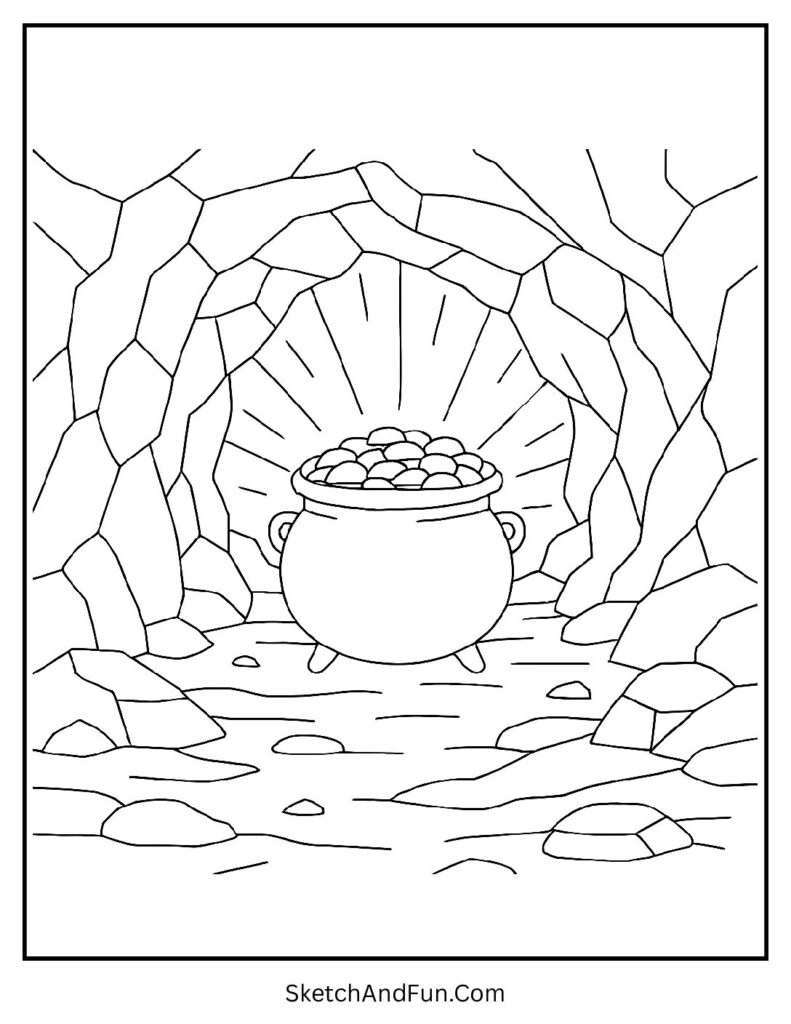Pot of gold in cave for St Patrick’s Day coloring pages festive