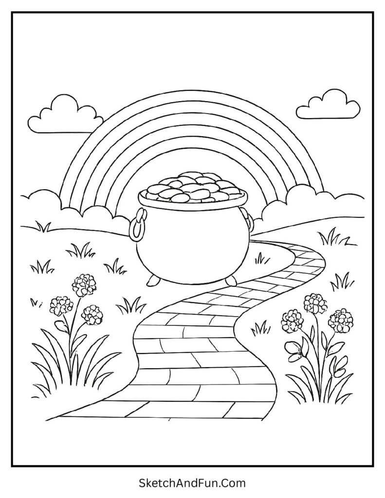 Pot of gold at brick path for St Patrick’s Day coloring pages easy print