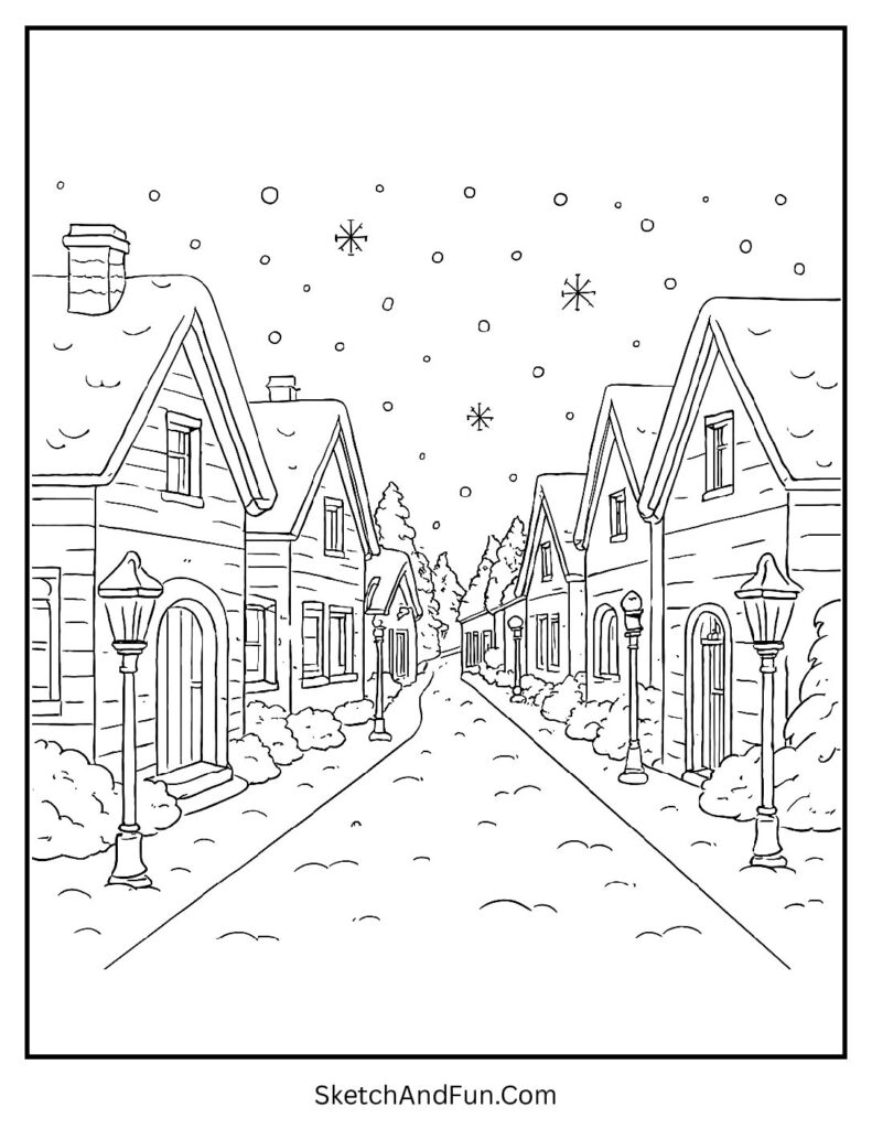 Cozy homes shown in free winter landscape coloring pages to print