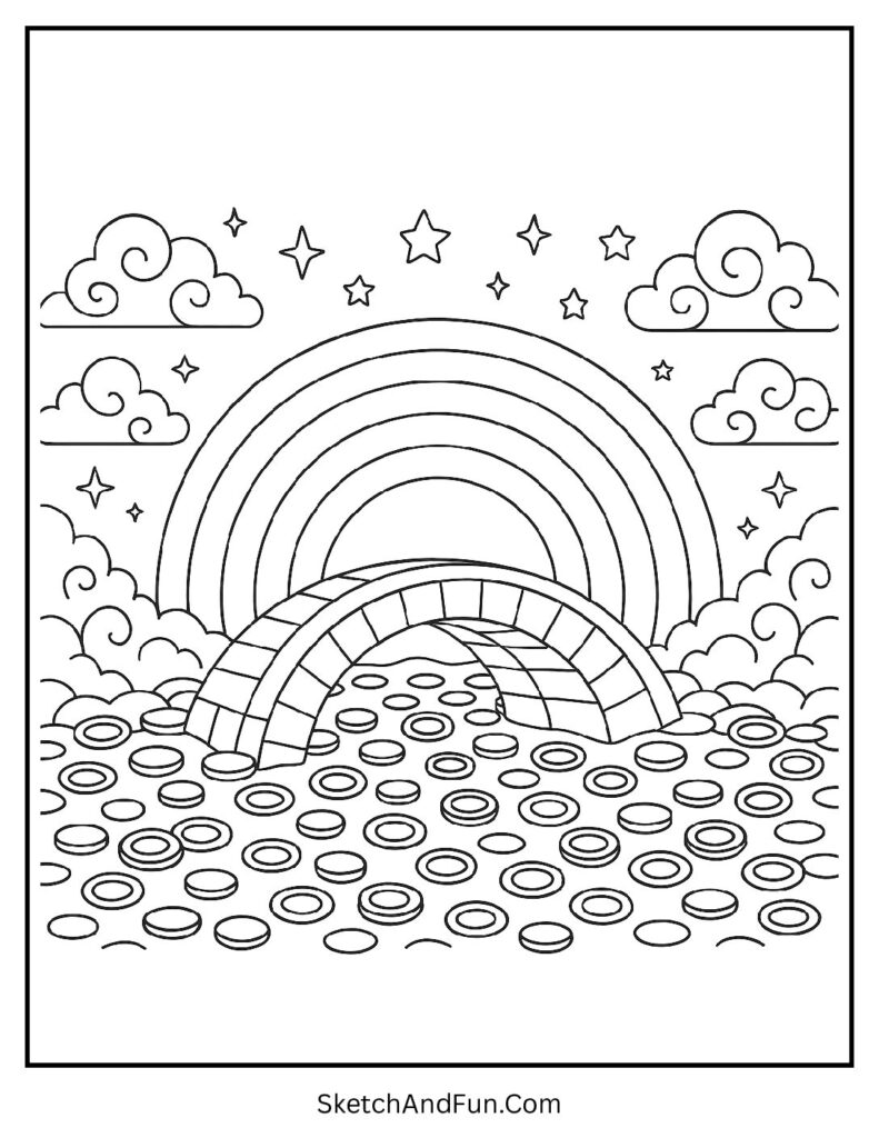Rainbow bridge over coins for St Patrick’s Day coloring pages for March