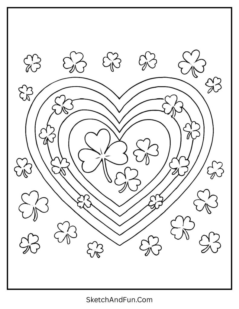 Rainbow heart with shamrocks for St Patrick’s Day coloring pages religious