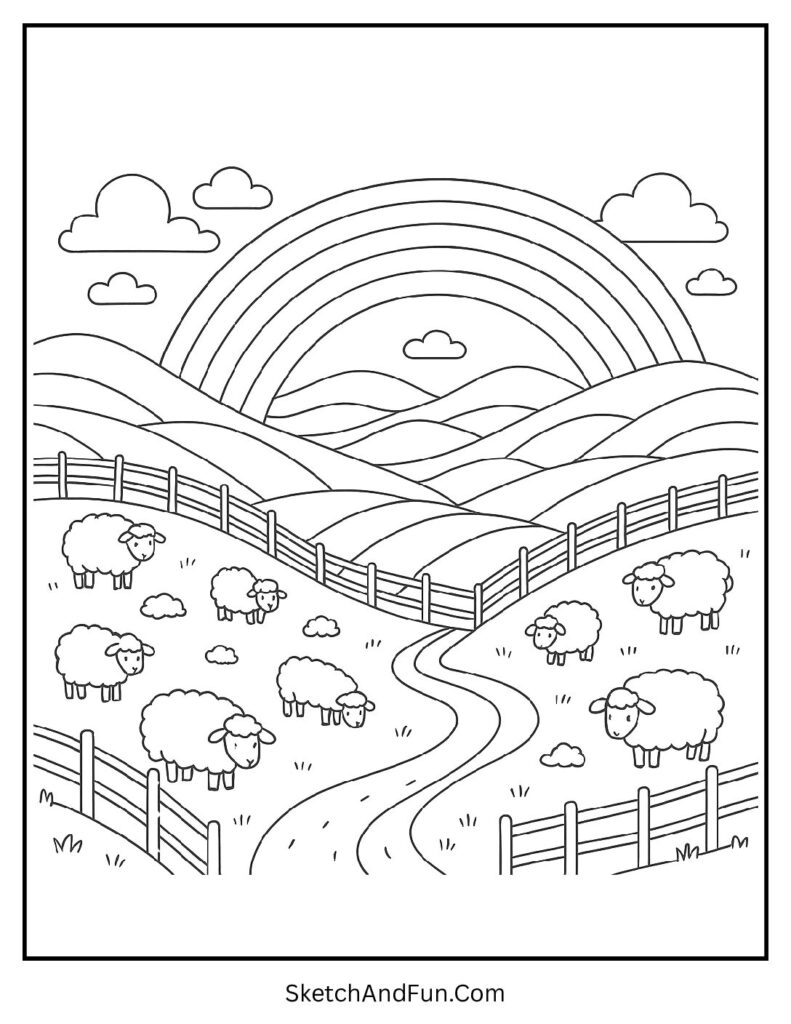Rainbow over Irish hills for rainbow St Patrick’s Day coloring pages