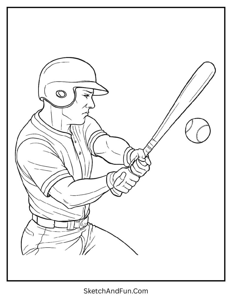 Realistic batter mid-swing baseball coloring pages for adults scene