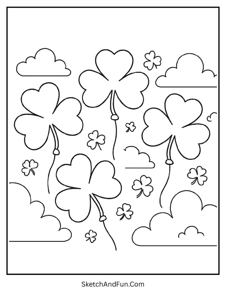 Shamrock balloons in sky for St Patrick’s Day coloring pages for kids