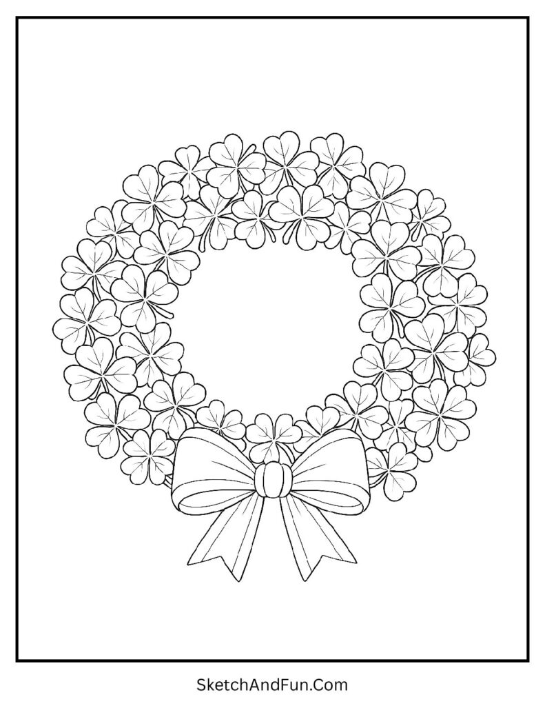Shamrock wreath with ribbon bow for printable shamrock coloring sheets
