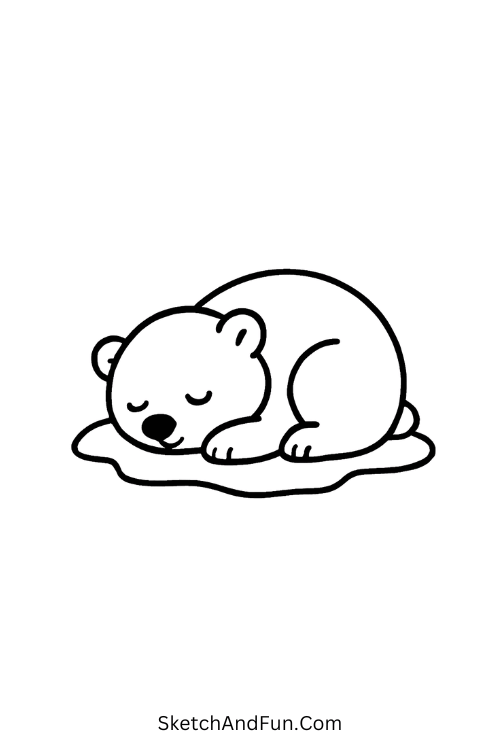 Fluffy polar bear curled on snow for winter animal drawing ideas