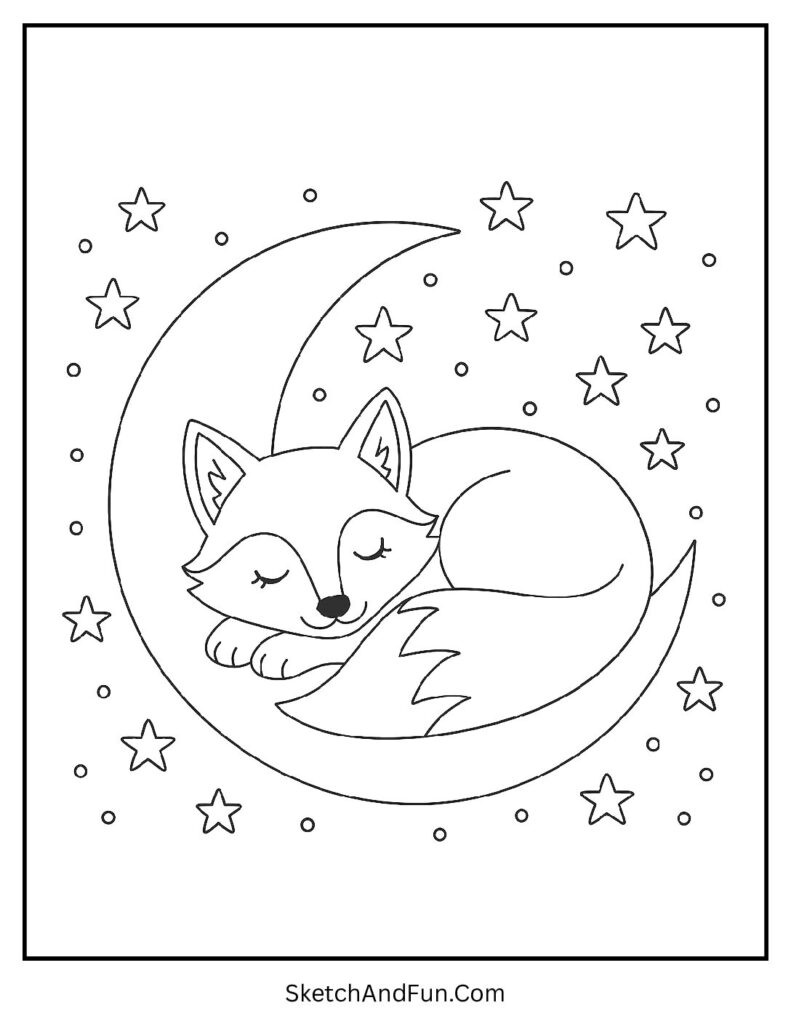 Fox coloring pages free printable sleepy fox on a moon