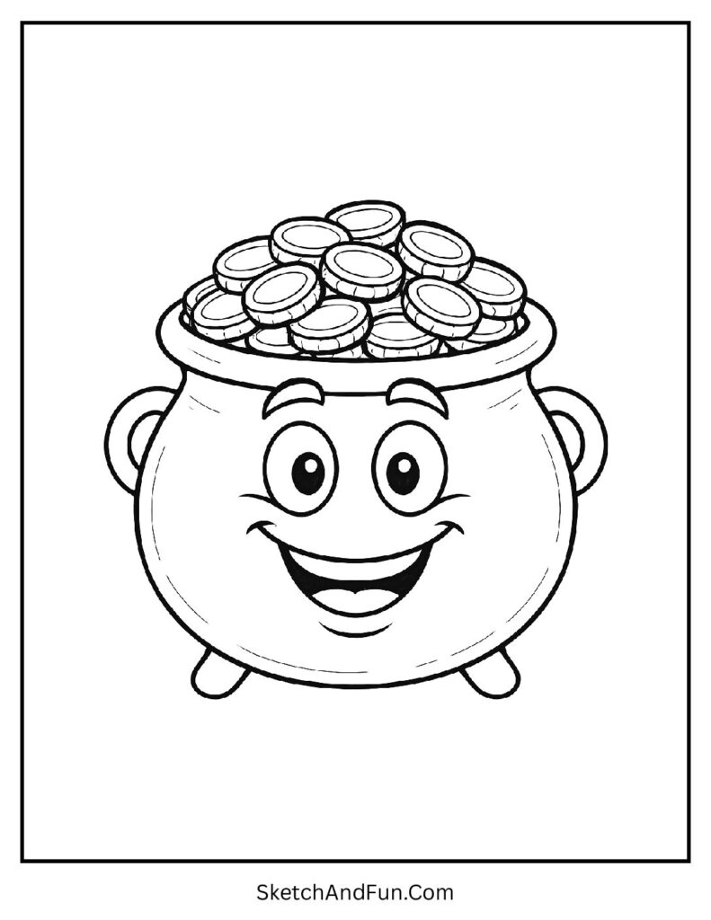Smiling pot of gold character for St Patrick’s Day coloring pages fun for kids