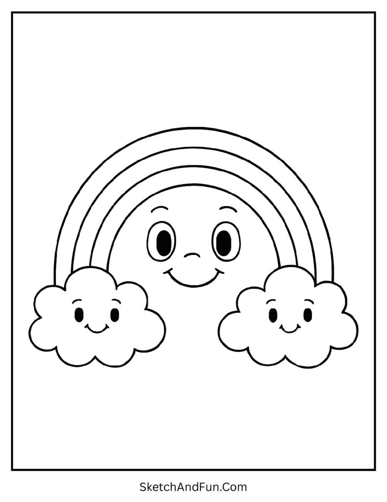 Smiling rainbow with clouds for easy St Patrick’s Day coloring pages