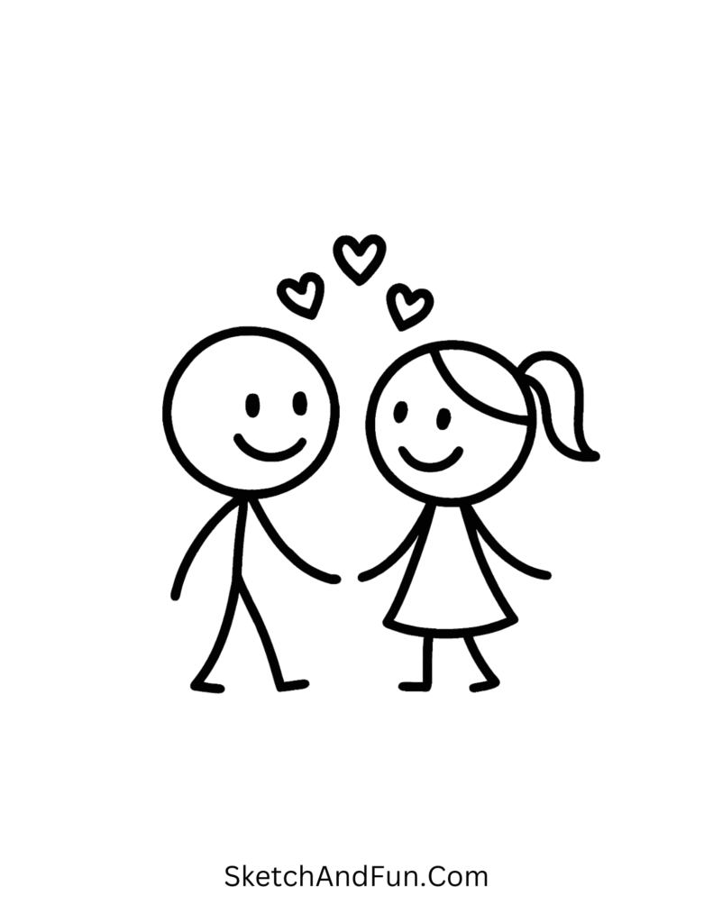 Smiling stick couple with hearts, cute doodles for boyfriend easy and joyful