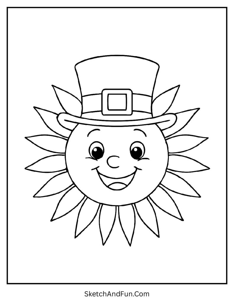 Smiling Sun Wearing a Leprechaun Hat Coloring Page pdf