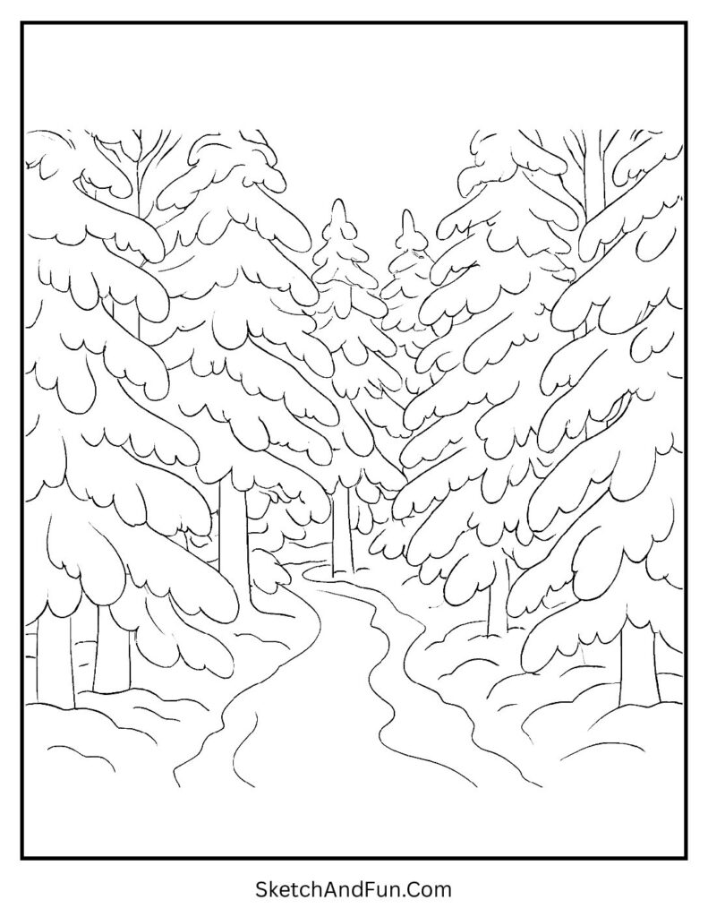Forest path shown in winter forest coloring pages printable pdf