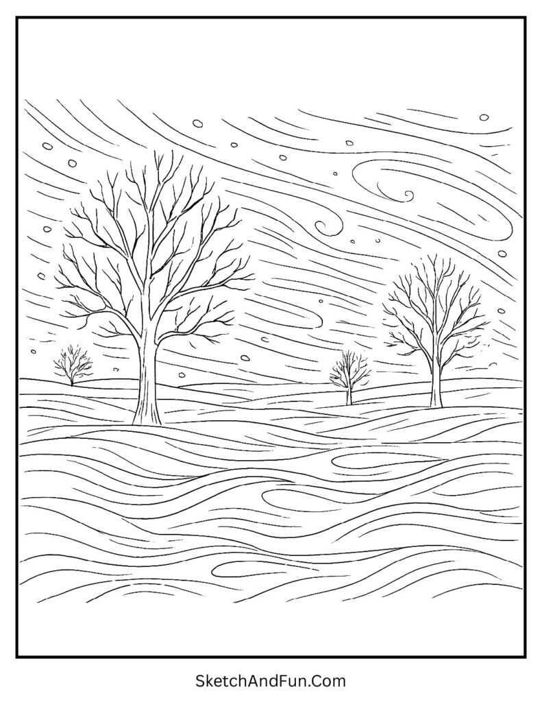 Open field view for printable winter snow landscape coloring pages